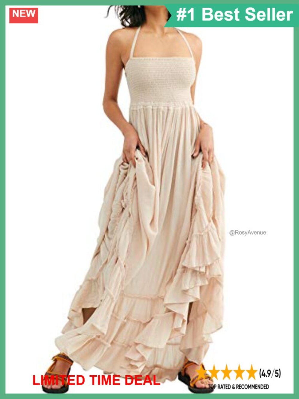 Womens Cotton Rayon Boho Backless Halter Maxi Dress Ruffle Hem